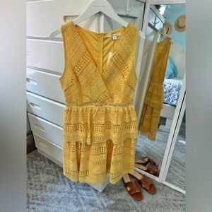 Marigold Eyelet Lace Yellow Ruffle Crochet Knot V-Neck Tiered Cocktail Dress✨